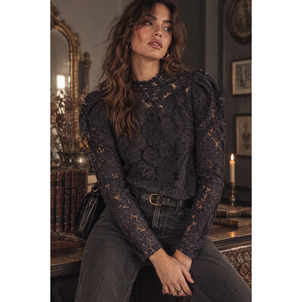 Audrey Parks Black Lace Long Sleeve Top S Whimsigoth Witchy High Neck Victorian
